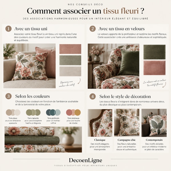 Infographie expliquant comment associer un tissu fleuri avec un tissu uni, un tissu en velours, des couleurs harmonieuses et différents styles de décoration pour créer un intérieur élégant.